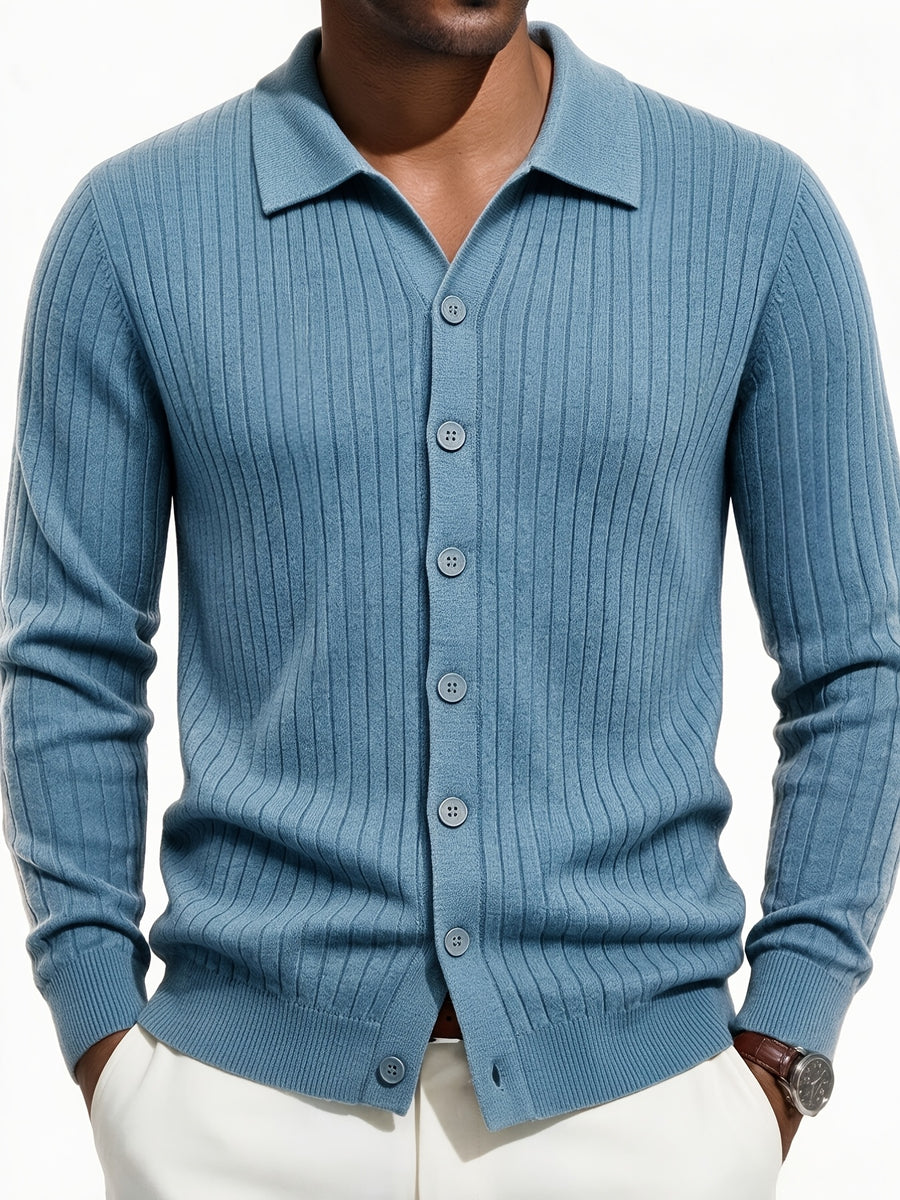 Men's Vertical Striped Knit Cardigan, Lapel Polo Collar Button Long Sleeve Slim Fit Knitted Sweater Jacket for Fall Winter Casual Outwear - Sea Polish