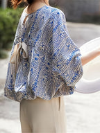 Elegant Blue and White Paisley Print Shirt, Bat Sleeves, Loose Fit Women's Round Neck Top, Women's Shirt - Light Blue