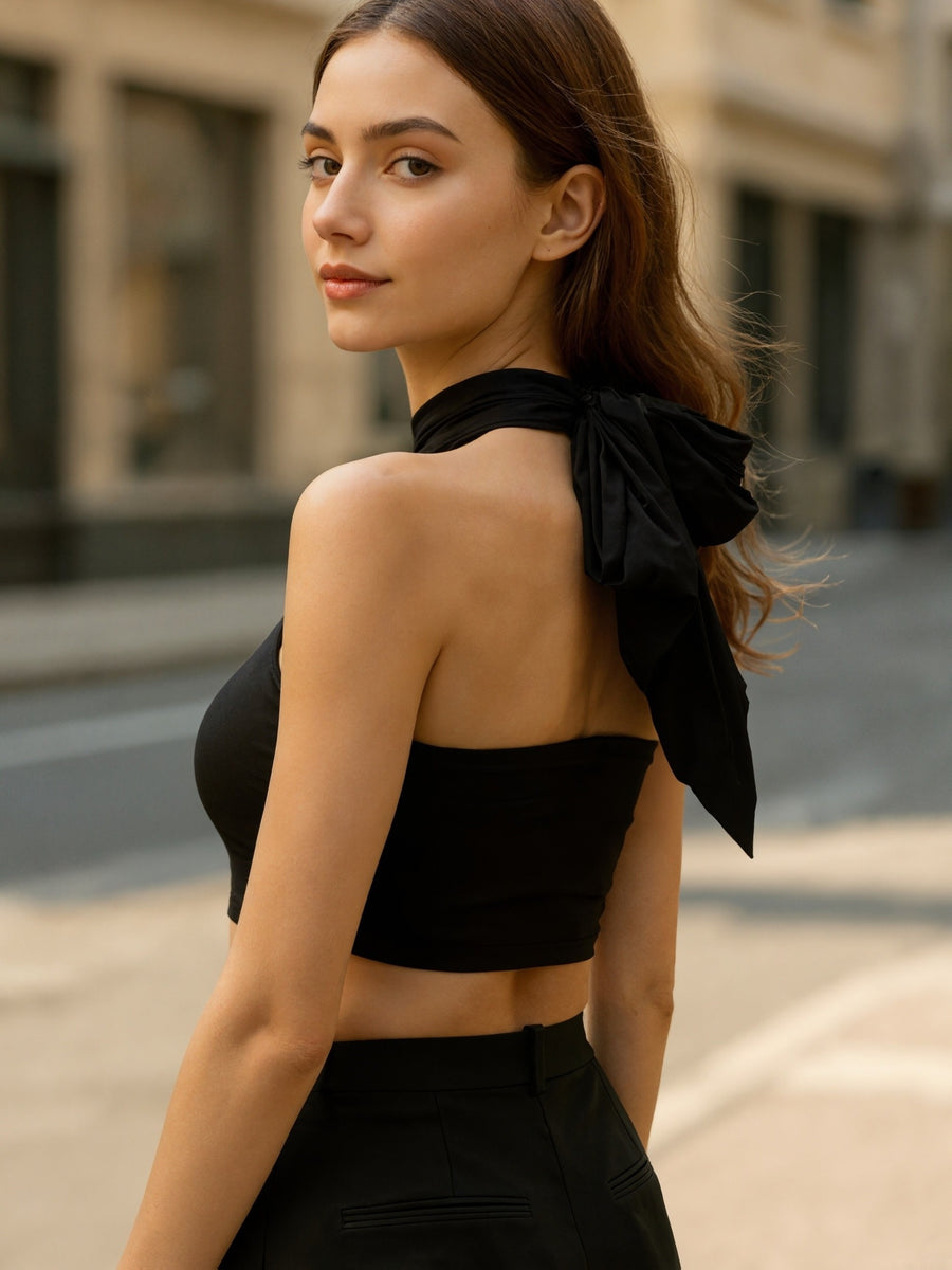 Women'S Halter Neck Backless Short Top, Criss-Cross Wrap Bustier, Strapless Ruched Stretchy Camisole, Sweet And Spicy Y2K Sexy Street Style, Nightclub Party Date Music Festival Rave, Summer Beach Vacation Wear - Black