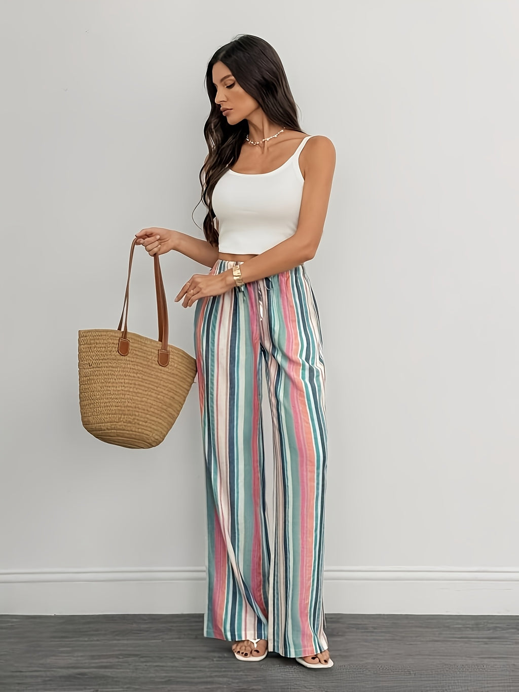 Women's High-Waist Fashionable Color-Striped Wide-Leg Casual Drawstring Straight-Leg Pants, Elegant Wide-Leg Trousers Suitable for Spring, Summer, Autumn, and All Seasons - Mixed colors