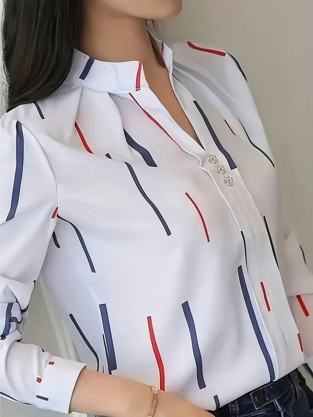 An Elegant Long-Sleeve Shirt for Women Featuring a Striped Print, a Small Stand Collar, And Exquisite Buttons, Perfect for Commuting And Daily Outings in Spring And Summer. A Beautiful Women'S Shirt, Summer Top, Long-Sleeve V-Neck, Stylish Blouse - Red And Blue Stripes