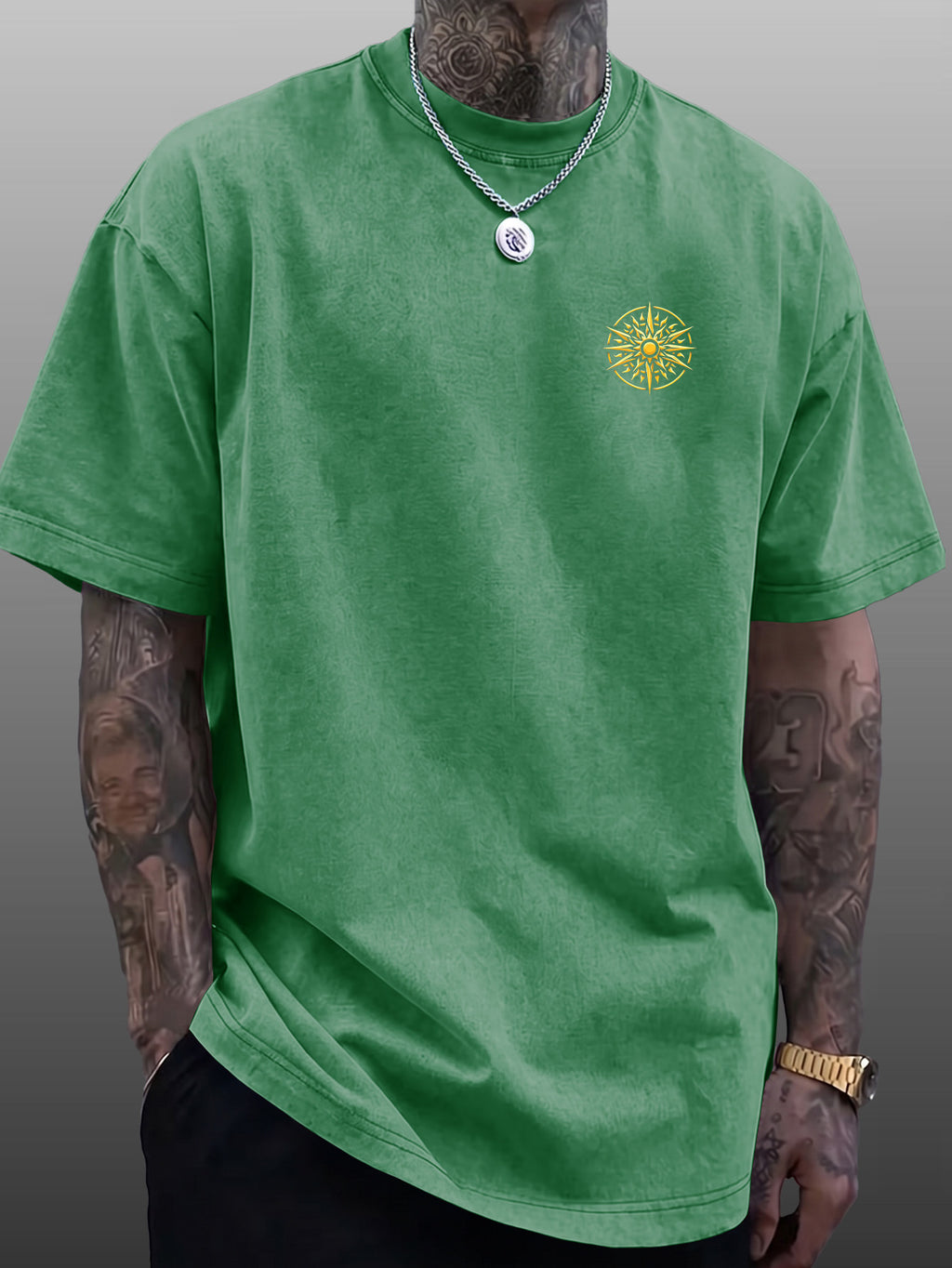 Men's Short-Sleeve T-Shirt, Pure Cotton Loose Fit Washed Distressed Top, Golden Compass Sun Pattern Trendy Reversible Double-Sided Print, Multiple Colors for  Mix & Match, American Streetwear High Street Hip-Hop Style, for Daily Outings - Green