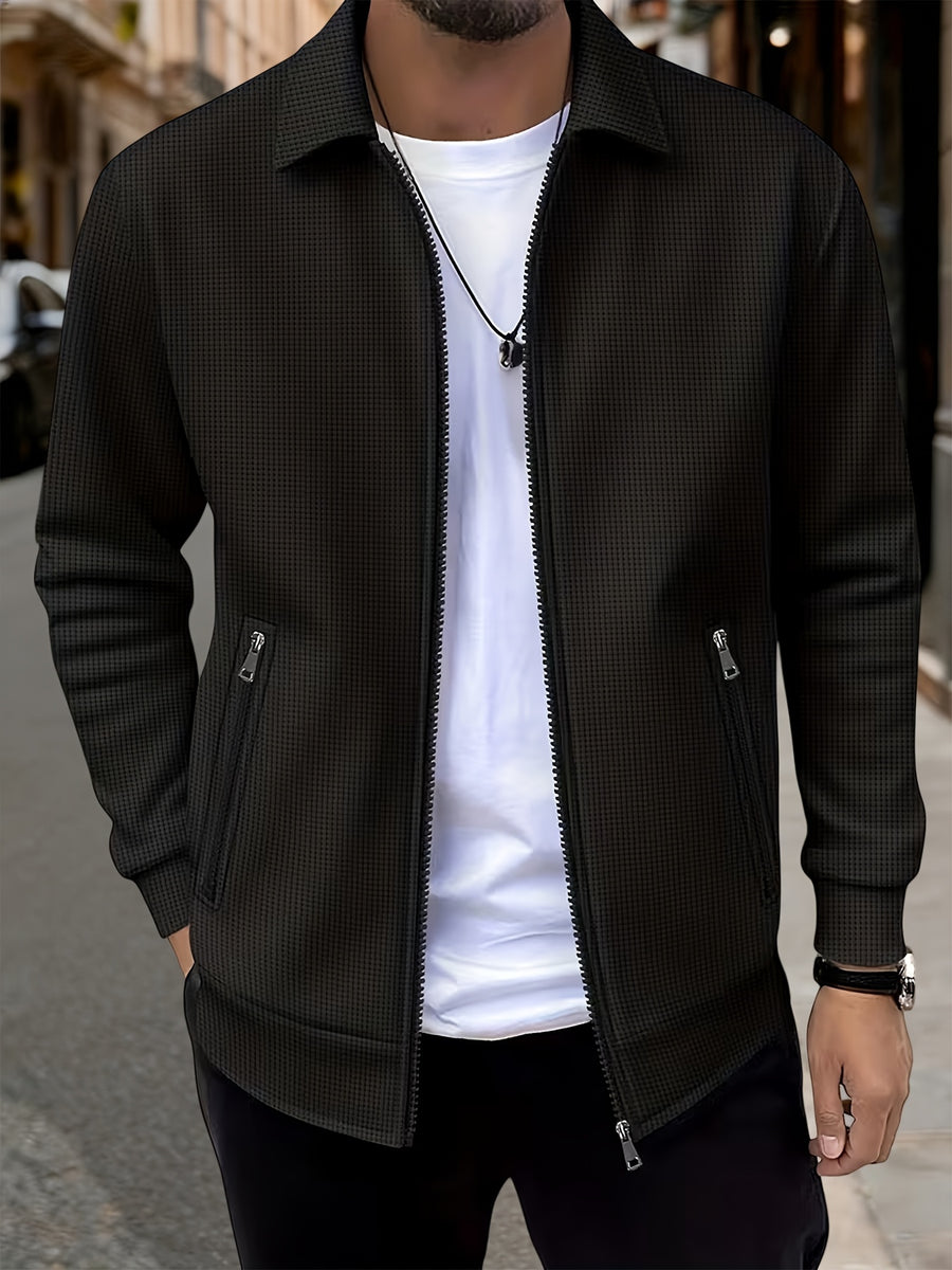 Spring And Autumn Men'S High-End Business Casual Jacket, Luxurious Texture Style, Waffle Texture Jacquard Fabric, Double-Sided Zipper Pockets, Stylish And Structured Long-Sleeve Coat, Suitable for Business Meetings, Daily Commuting, And As a Gift - Black