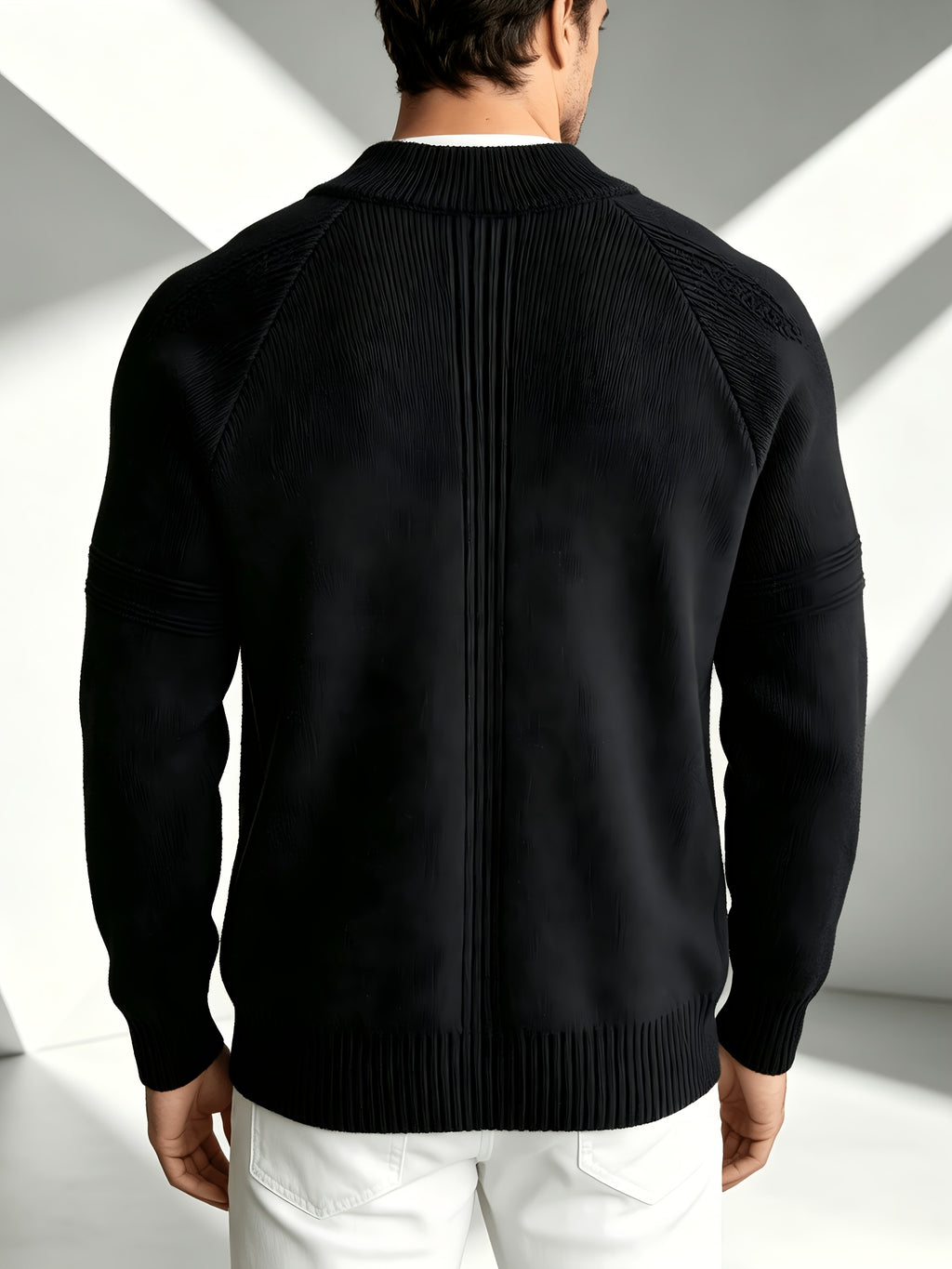 Business Mature Casual Men'S Full-Zip Knit Cardigan, Stand Collar Off-Shoulder Geometric Texture Fabric, Ribbed Trim Knit Jacket, Fall Winter Daily Office And Weekend Wear - Black