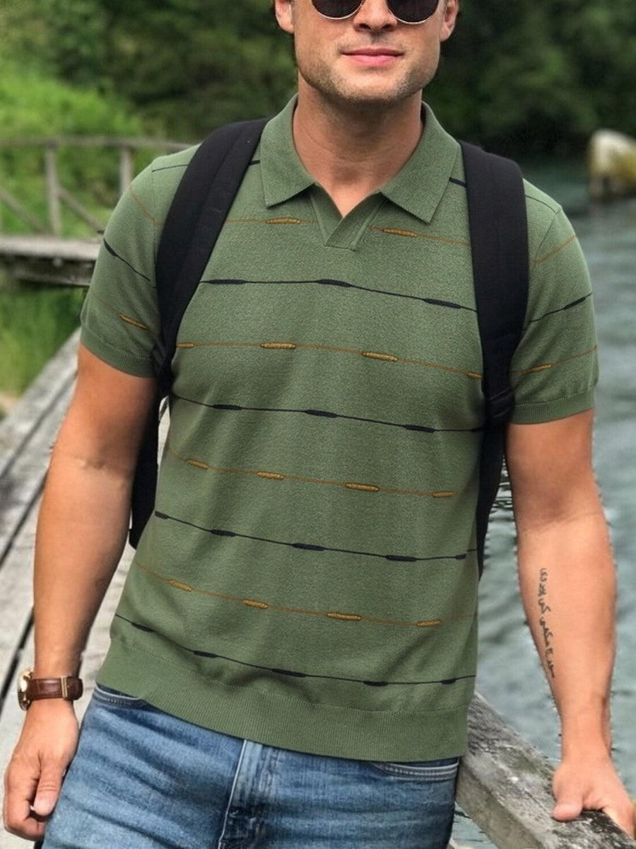 Men'S Contrast Narrow Stripe V-Neck Polo Knit Short Sleeve Summer Ice Fiber Fabric Slim Fit Breathable Top, Lightly Mature Commuter Textured Lapel Base Layer, Easy Versatile Casual Men'S Knit Polo Shirt - Olive Green