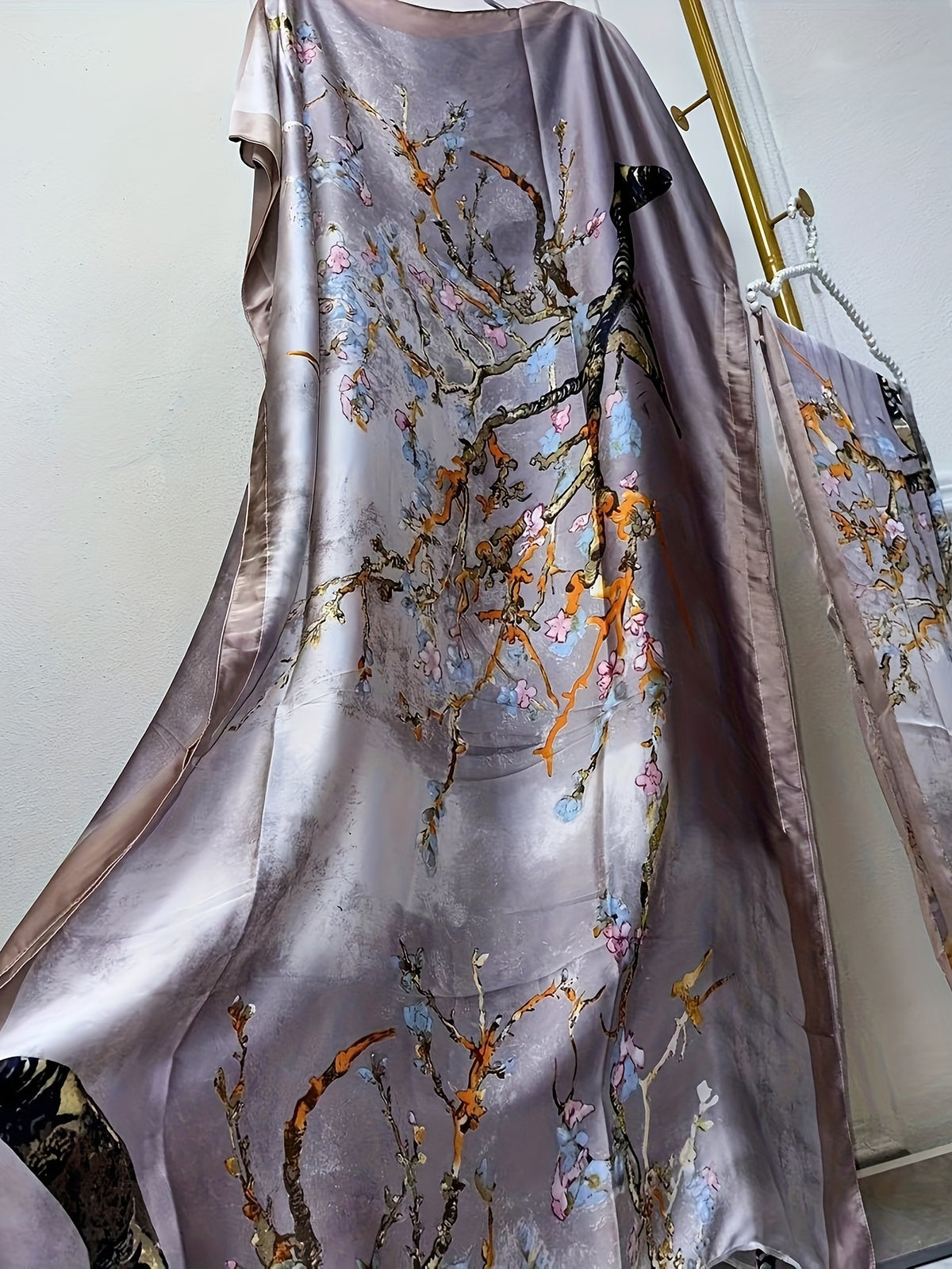 Tree Print Round Neck Long Dress, Elegant Batwing Sleeve Loose Fit Long Dress with Headscarf, Women's Fashion - Light Purple