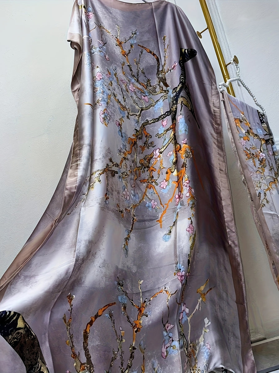 Tree Print Round Neck Long Dress, Elegant Batwing Sleeve Loose Fit Long Dress with Headscarf, Women's Fashion - Light Purple