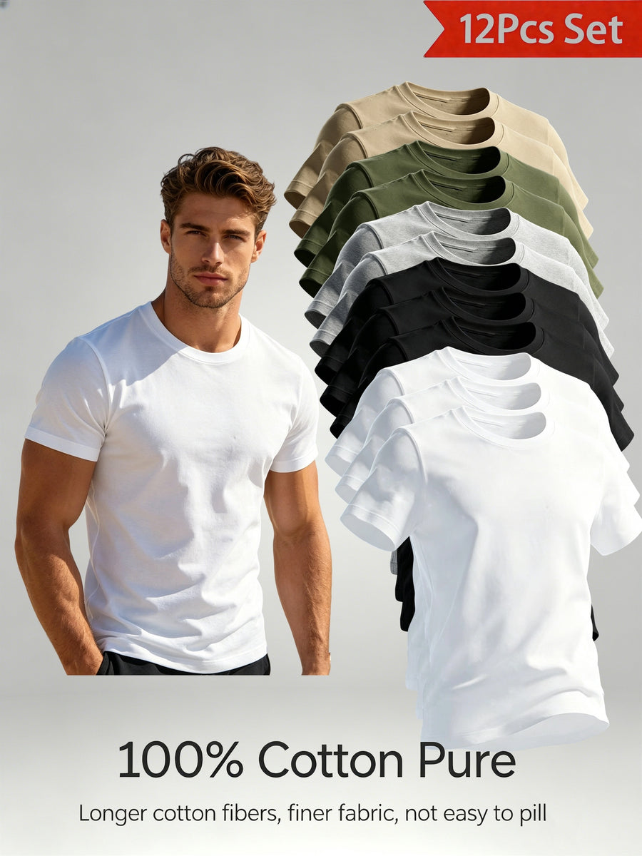 12pcs Set Pure Short Sleeve Soft Skin-Friendly Cloud-Like Fit Sports Casual Everyday Versatile No Limit Easy Design High-End Feel Cost-Effective Understand Life - Mixed colors