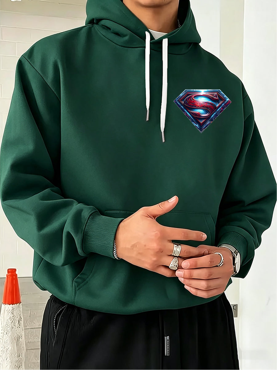 Warner Bros. Official Light and Shadow Superman S-Logo Printed Hooded Sweatshirt — Unisex Loose Pullover, Suitable for Casual, Sports, and Daily Wear, Machine Washable and Warm, for Autumn and Winter - Green