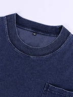 Spring Summer Fall New 240G Heavyweight Denim Washed T-Shirt Pocket Style Short Sleeve Loose American Vintage Trendy Brand Short Sleeve T-Shirt Men'S T-Shirt - Royal Blue