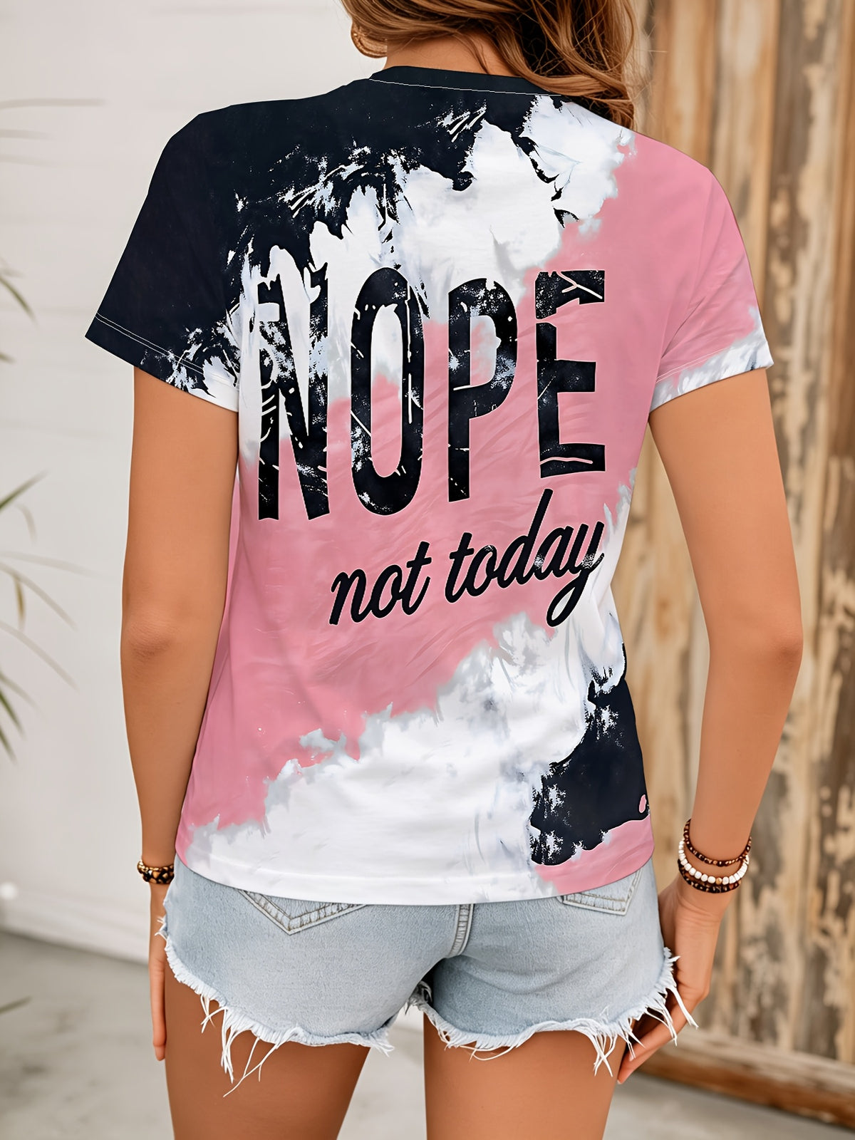 Women's New Summer Tie-Dye Letter Print Short Sleeve T-Shirt, Women's Summer Crew Neck Sweatshirt T-Shirt, Basic Women's Top, Women's Clothing - Mixed colors