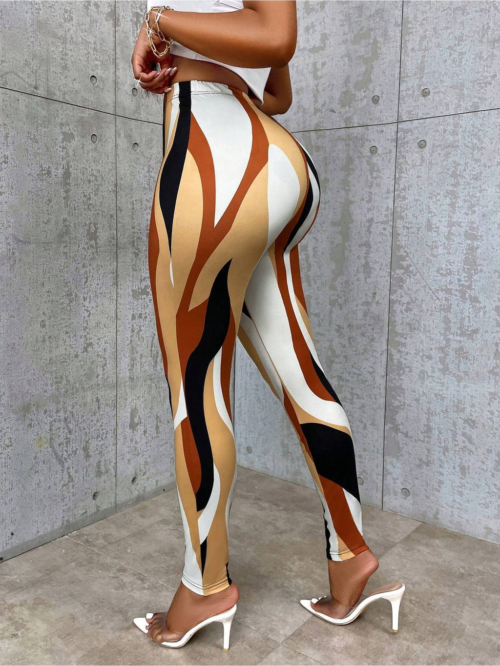 Women's Casual Color-Block Slim-Fit Stretchy Random Print Leggings for Autumn - Multicolor