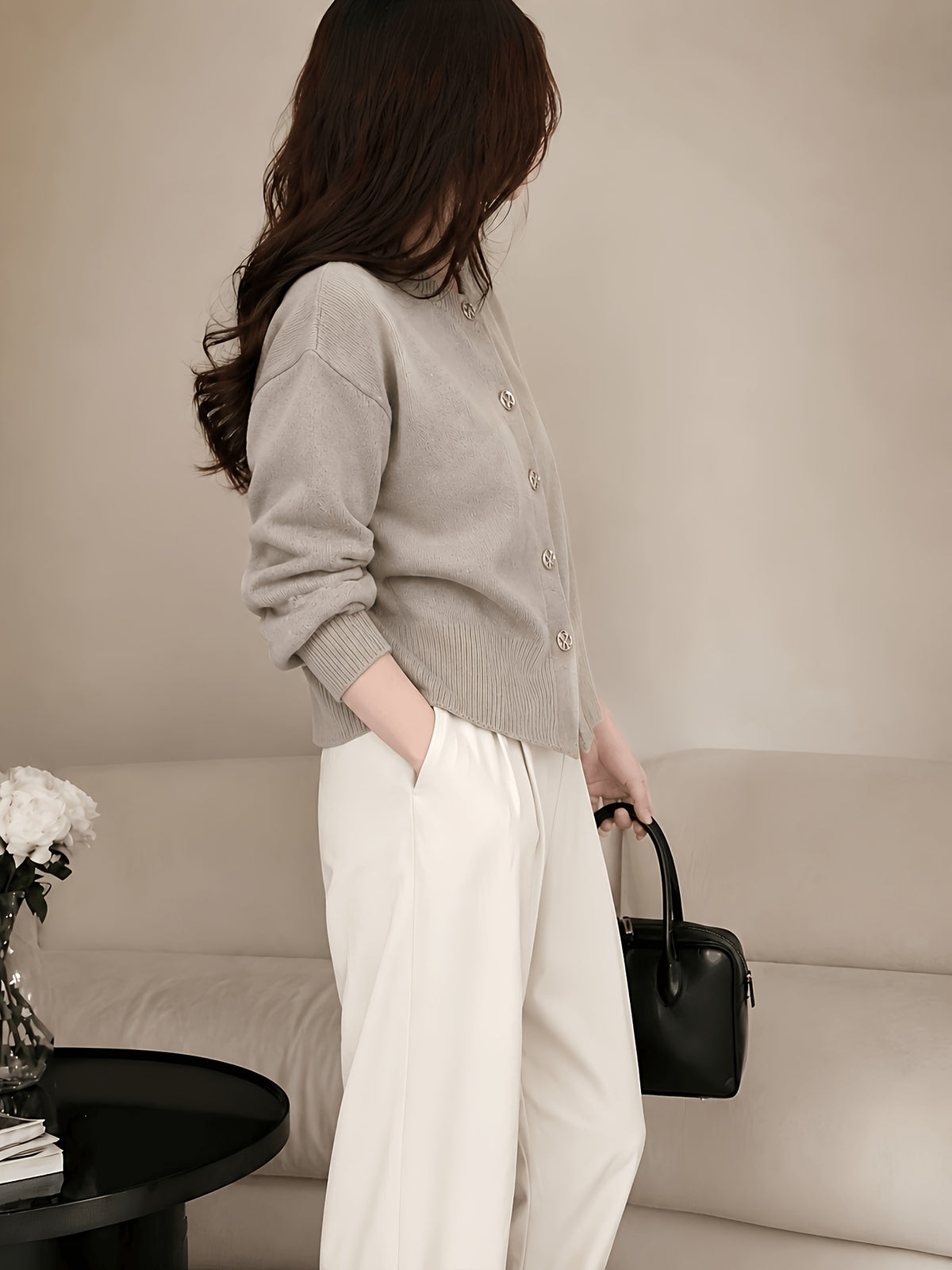 Cozy Women's Cardigan with Floral Button Accents, Soft Stylish Cardigan for Casual Daily Wear - Grey