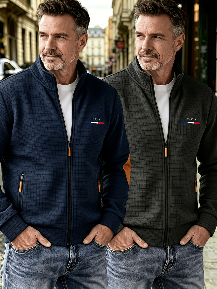 2pcs Men'S Autumn Winter Sports Small Stand-Up Collar Zipper Pocket Jacket, Spring Autumn Versatile Zipper Cardigan Top, Fashionable Plaid Jacquard Texture Fabric, Stylish Elbow Classic Color-Block Casual Coat, Suitable As Men'S Holiday Gift - Navy Blue + Black