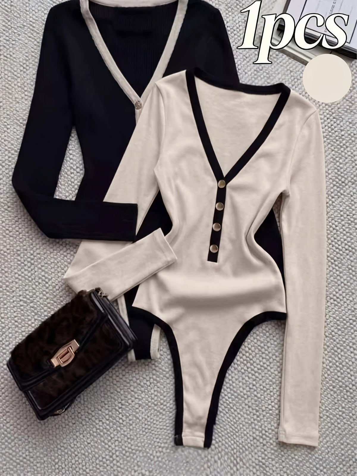 Women'S Stretch Color-Block V-Neck Button-Up Long Sleeve Casual Jumpsuit (Single Piece) - Apricot