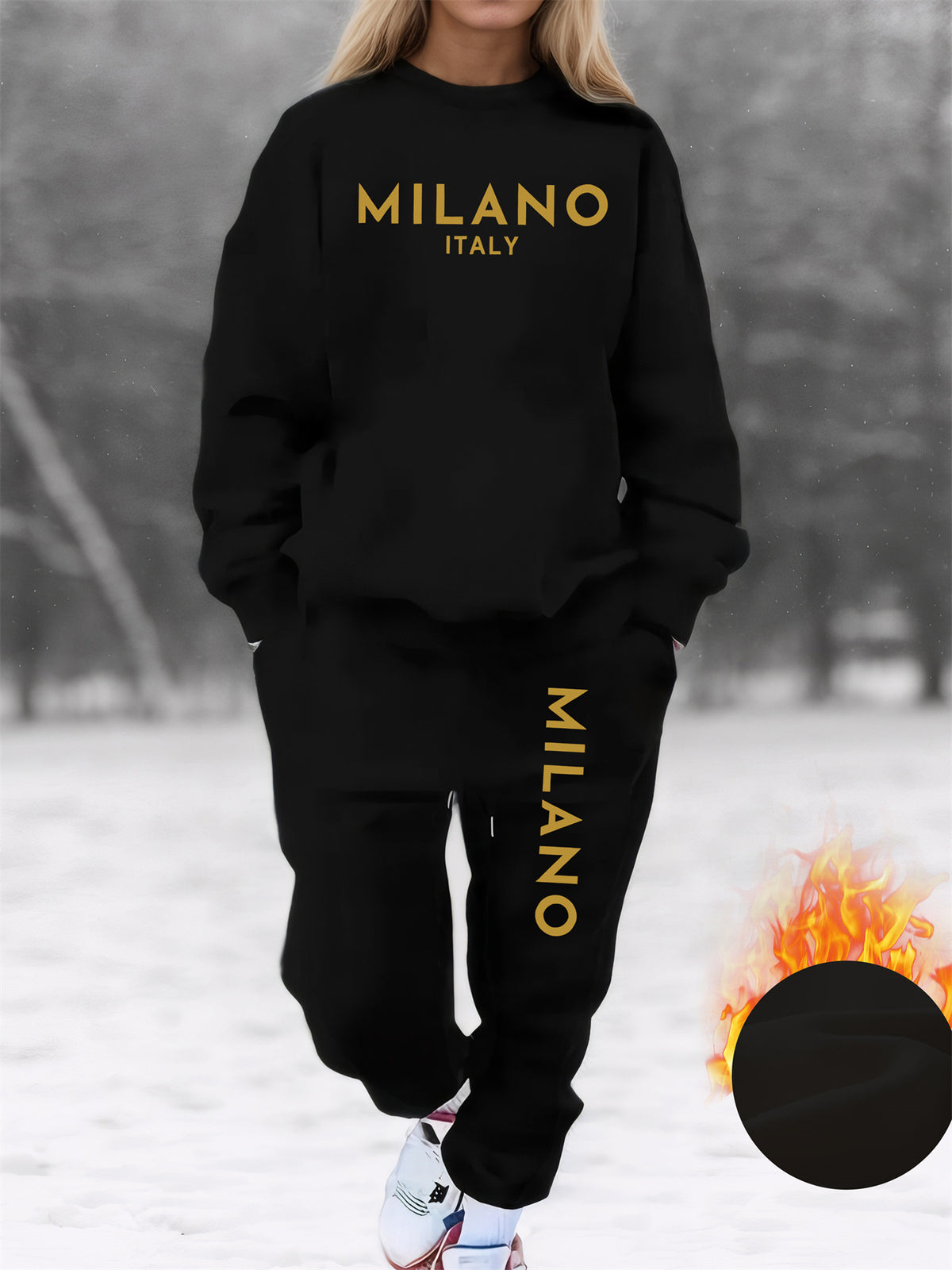 Plus Size - Plus Size - Plus-Size Women'S Fleece Sweatshirt Set with MILANO Letter Print, Featuring a Round Neck, Long Sleeves, Drawstring Pockets, And Casual Long Pants for Streetwear - Black