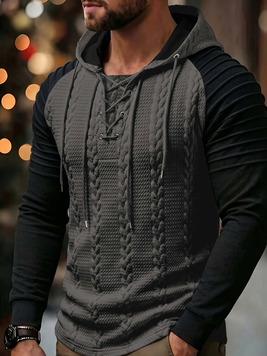 ROYALBOY Textured Jacquard Fabric Contrast Color Pleated Ribbed Sleeves Drawstring Design Fashionable Outdoor Casual Hooded Sportswear Top, Autumn Menswear - Grey