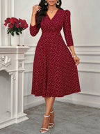 2026 New Valentine's Day/New Year Party/Suitable for Daily Work Wear/Suitable for All Seasons Elegant Fashion Versatile Daily Date V-Neck 3/4 Sleeve Waist Flared Long Red and Blue Women's Elegant Dress, Women's Polka Dot Small Heart Print Dress - Burgundy