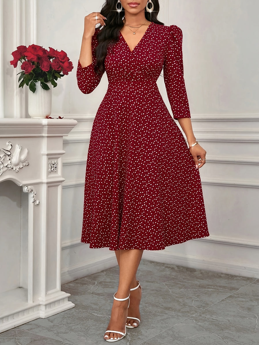 2026 New Valentine's Day/New Year Party/Suitable for Daily Work Wear/Suitable for All Seasons Elegant Fashion Versatile Daily Date V-Neck 3/4 Sleeve Waist Flared Long Red and Blue Women's Elegant Dress, Women's Polka Dot Small Heart Print Dress - Burgundy