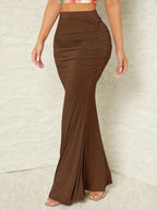 Solid Color Ultra-Long Mermaid Hem Skirt with Pleats - Khaki