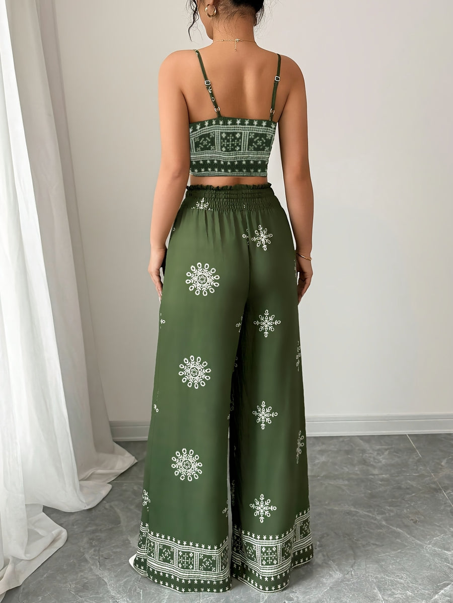 2pcs Women's Green Floral Print Camisole and Casual Pants Set, Festival Style, Bohemian Style - fern green