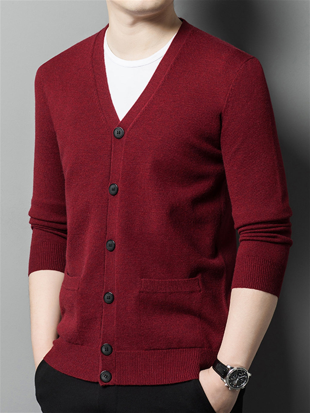 Autumn Winter Knit 3D Solid Color V-Neck Sweater, Basic Knit Cardigan for Men, Fashionable Long Sleeve Sweater, Cangyuan Y - Red