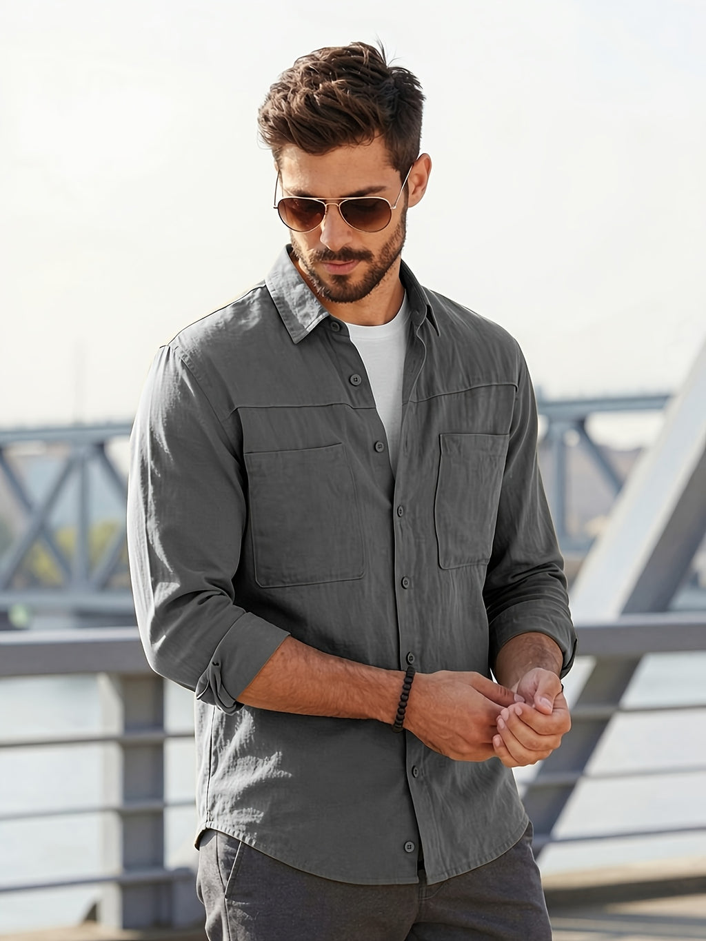 Men's Solid-color Work Shirt with Double Pockets, Lapel Long-sleeve Button-up Shirt, Loose Plus-size Casual Jacket Shirt, Loose-fit Basic Daily Top for Daily Wear and Outdoor Activities - Dark Gray