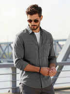 Men's Solid-color Work Shirt with Double Pockets, Lapel Long-sleeve Button-up Shirt, Loose Plus-size Casual Jacket Shirt, Loose-fit Basic Daily Top for Daily Wear and Outdoor Activities - Dark Gray