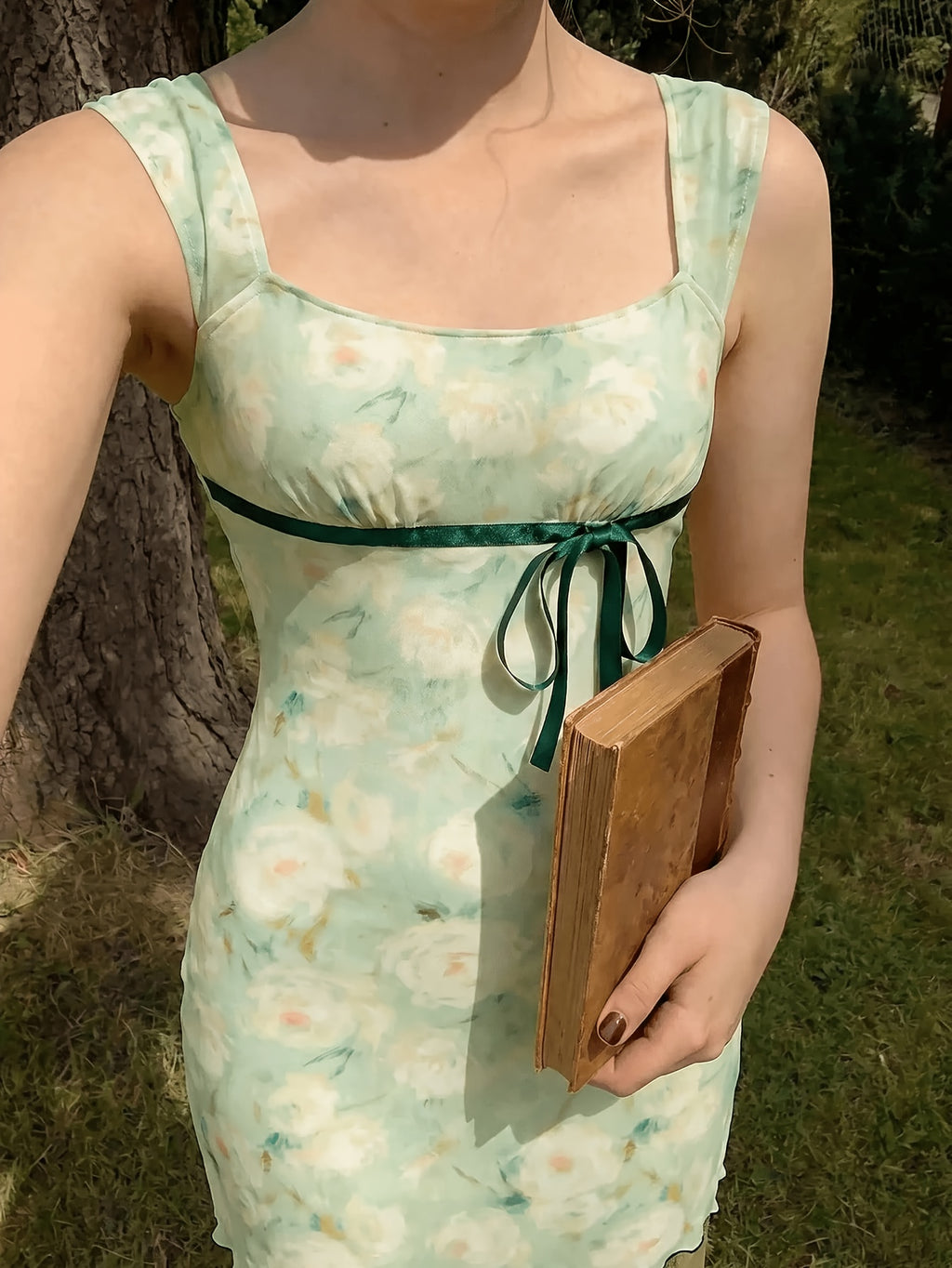 Square Neck Dress, Summer Pure Desire Style Bow Waist Cinching Short Bodycon Skirt, Sweet Style Printed Dress, Summer Date Ribbon Bow Waist Cinching Mesh Mini Skirt, Suitable for Birthday Parties, Weekend Parties, and Vacation Outings - Light Green