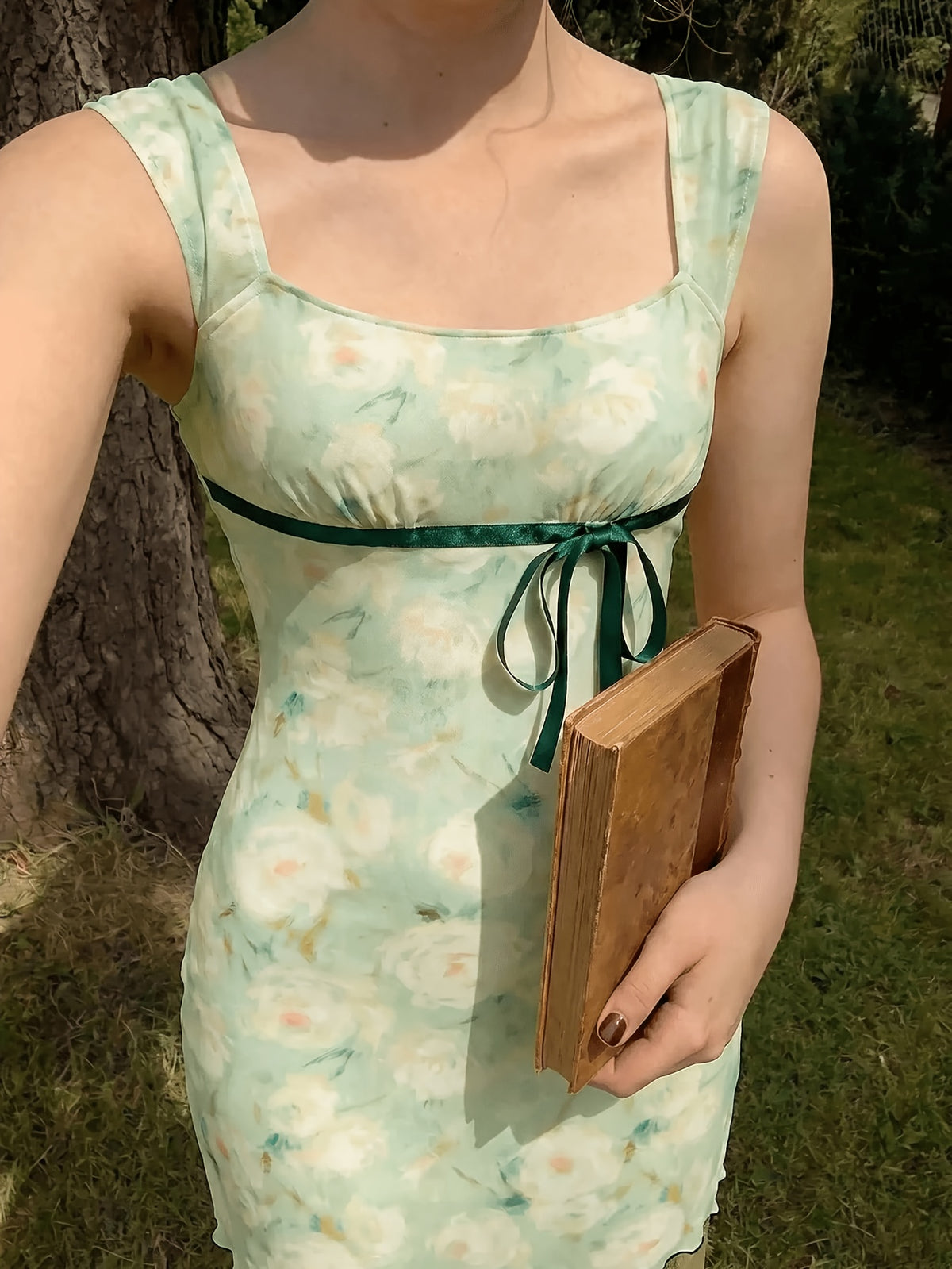 Square Neck Dress, Summer Pure Desire Style Bow Waist Cinching Short Bodycon Skirt, Sweet Style Printed Dress, Summer Date Ribbon Bow Waist Cinching Mesh Mini Skirt, Suitable for Birthday Parties, Weekend Parties, and Vacation Outings - Light Green