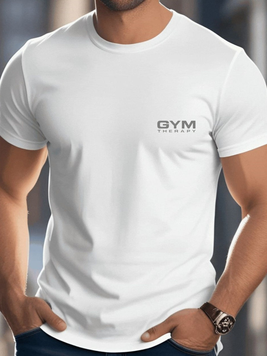Easy Style GYM THERAPY Letter Pattern Print Men'S T-Shirt, Casual Top, Men'S Patterned T-Shirt, Summer, Comfortable And Breathable Short Sleeve T-Shirt, Fashionable Men'S Casual Top, Summer Fashion Outdoor Short Sleeve - White