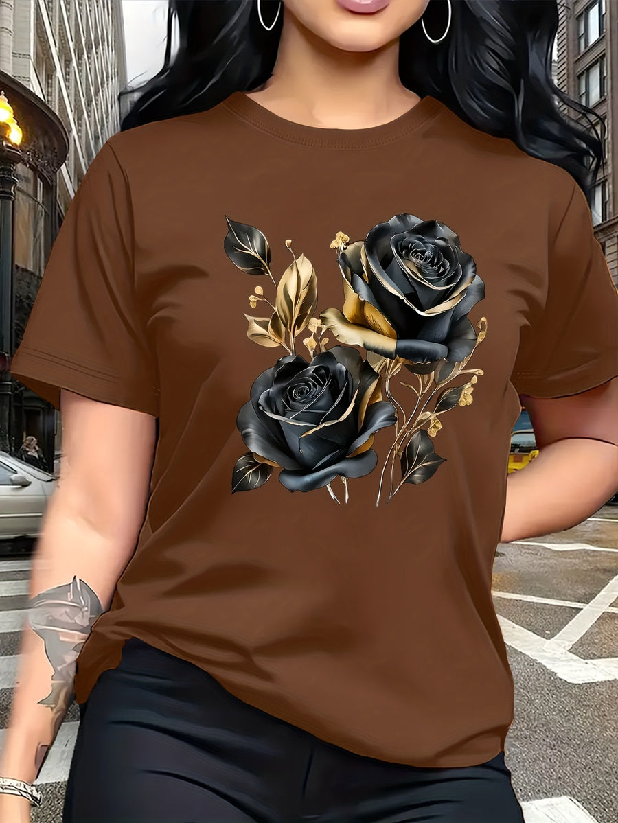 A Stylish And Breathable T-Shirt Featuring a Luxurious Vintage Design with a Black And Golden Rose Pattern, Perfect for Family Trips, Campus Events, Casual, Daily Commutes, Matching Outfits for Sisters, And Versatile Wear - Brown
