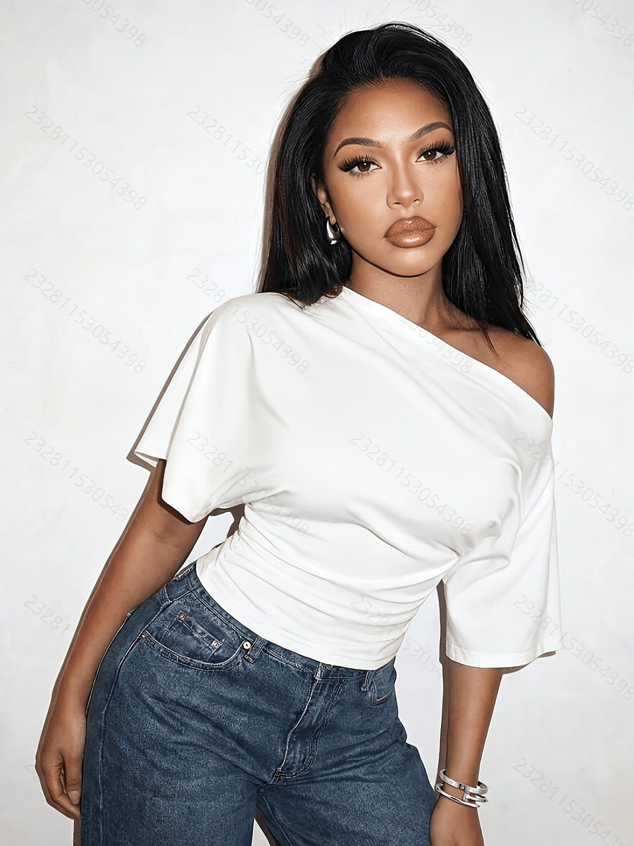 Women'S Summer Off-The-Shoulder Solid Color Short-Sleeved T-Shirt, Casual Basic Top - White