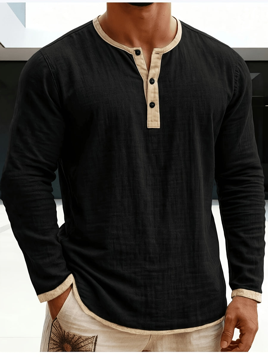 Men'S Retro Color Block Casual Henley Crewneck T-Shirt in Linen, Vintage T-Shirt for Men - Black