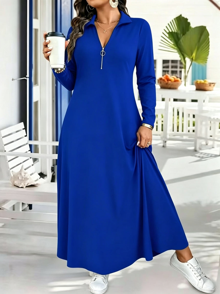 Plus Size, Plus Size Elegant Lapel Collar Zipper Dress - Full-Length -Line Maxi Dress with -Free, Machine Washable Winter Dress Suitable for, Weddings, Formal Events, Solid Color Long Sleeve Outfits - Blue