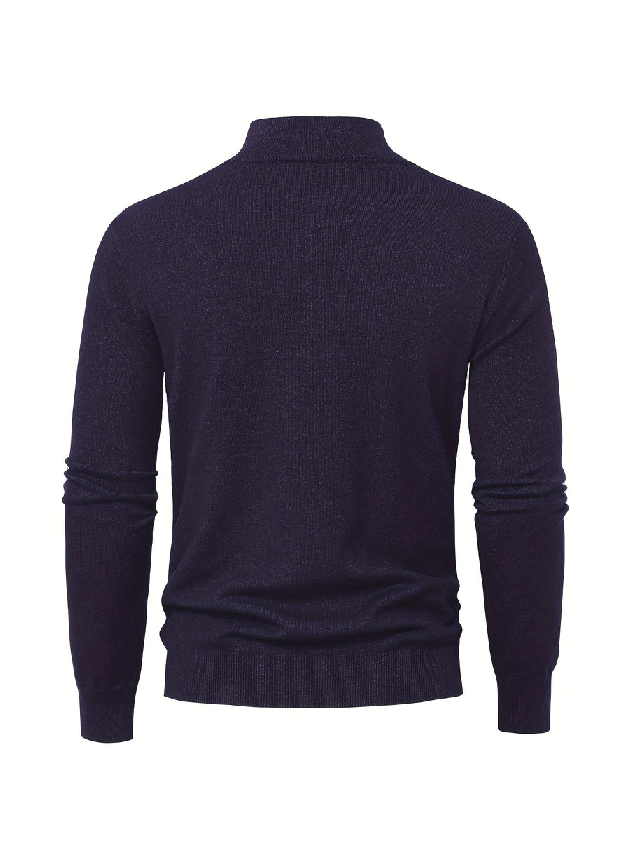 2025 New Men's Casual Solid Color Knit Zip-Front Sweater - Thickened Warm Top - Fashionable Minimalist Style with Medium Stretch for Daily Comfort, Men's Essential Cold-Weather Item, High-Quality Autumn/Winter Fashionable and Mature Pullover - Flower Navy