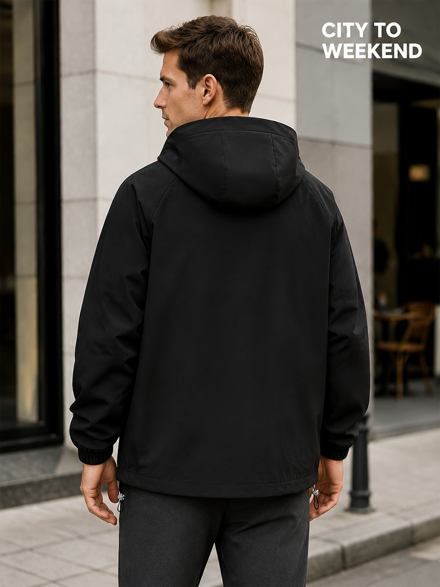 Men'S Lightweight Hooded Jacket, Casual Full-Zip Coat with Adjustable Hood And Flap Pockets, Suitable for Autumn And Winter Casual Wear - Black