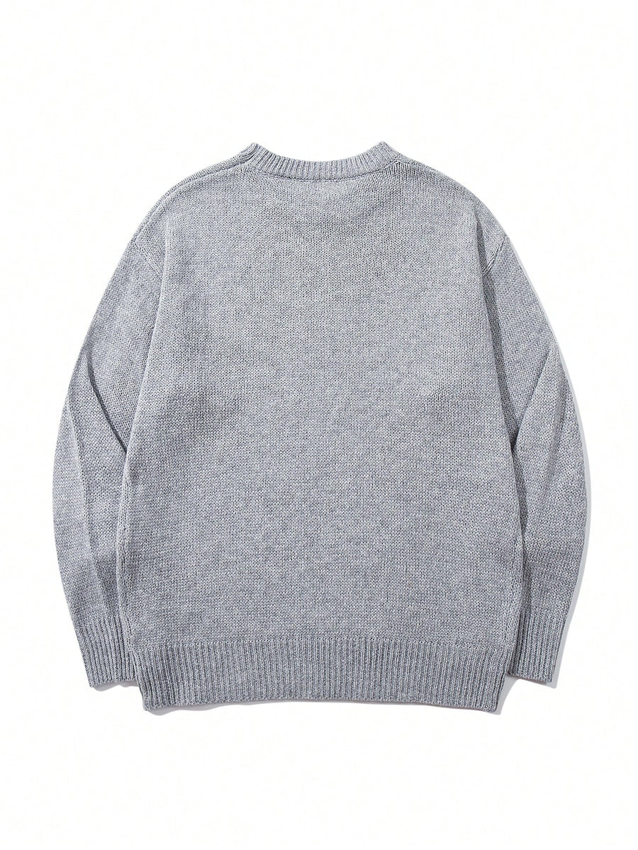 Solid Color Minimalist College Style Autumn/Winter Men's Basic Crew Neck Pullover Simple Base Layer Top for Outerwear, Casual Loose Fabric Top - Grey