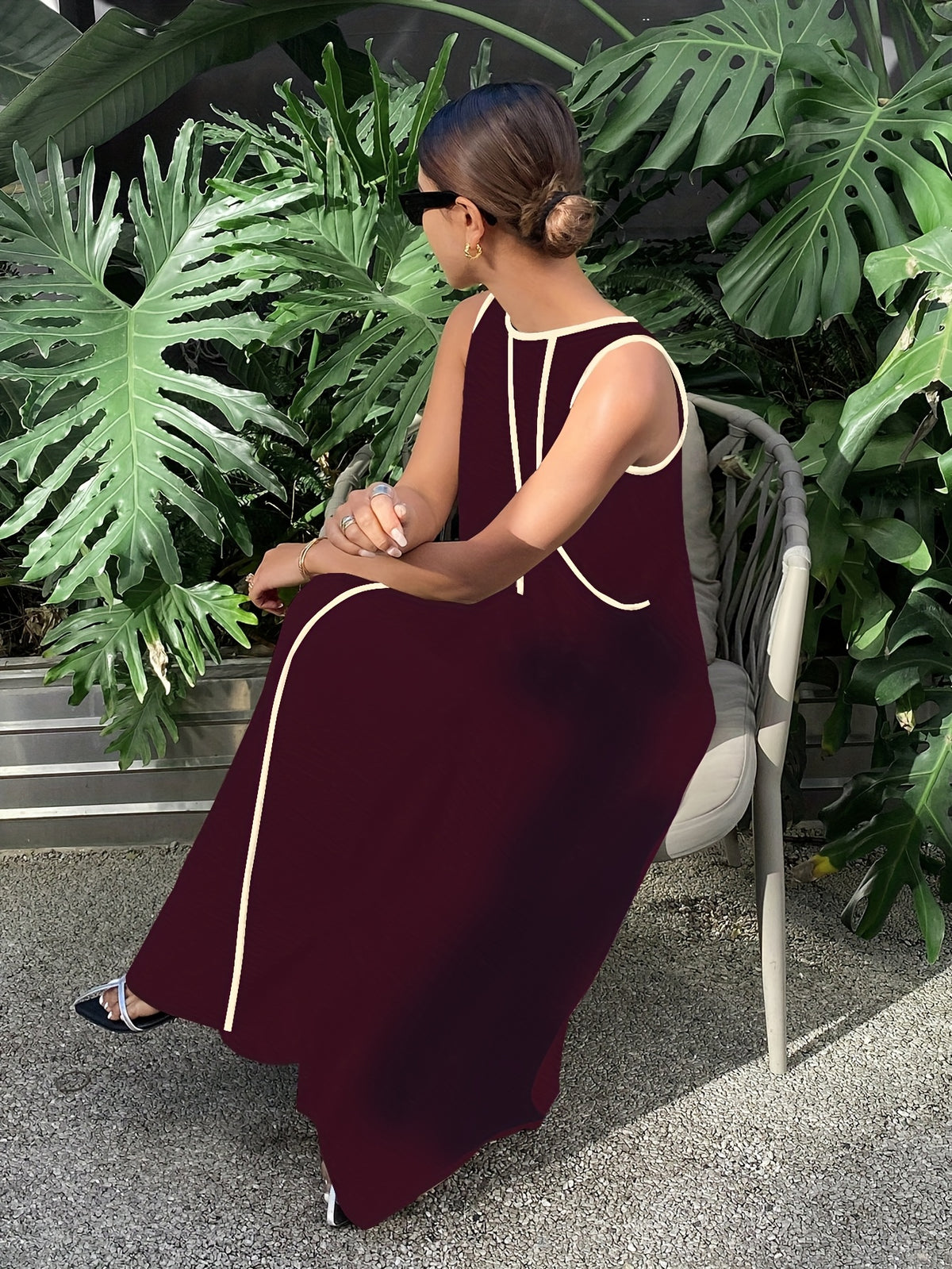 [Size for Regular Fit] Women's Simple Vacation Loose-Fit Comfortable Color-Block Contrast Trim Long Tank Dress - Deep Red