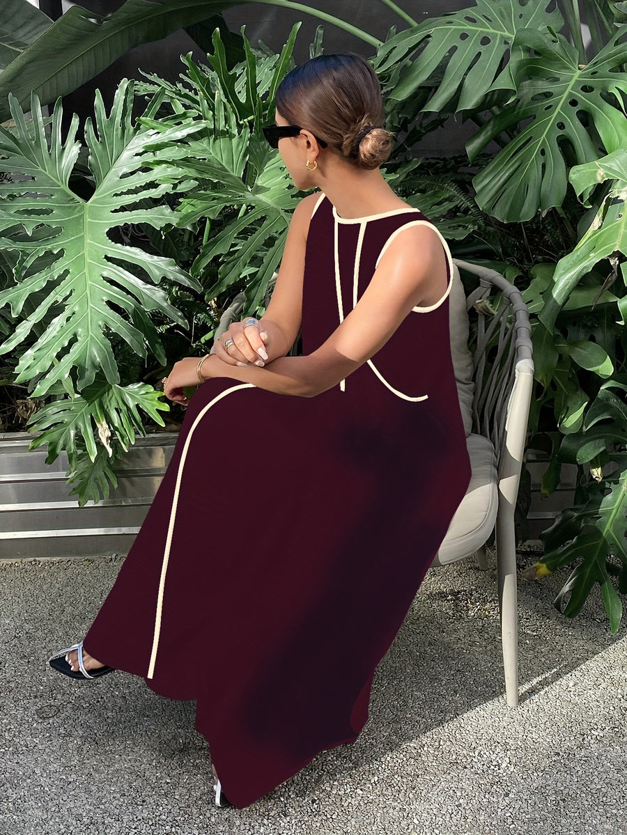 [Size for Regular Fit] Women's Simple Vacation Loose-Fit Comfortable Color-Block Contrast Trim Long Tank Dress - Deep Red
