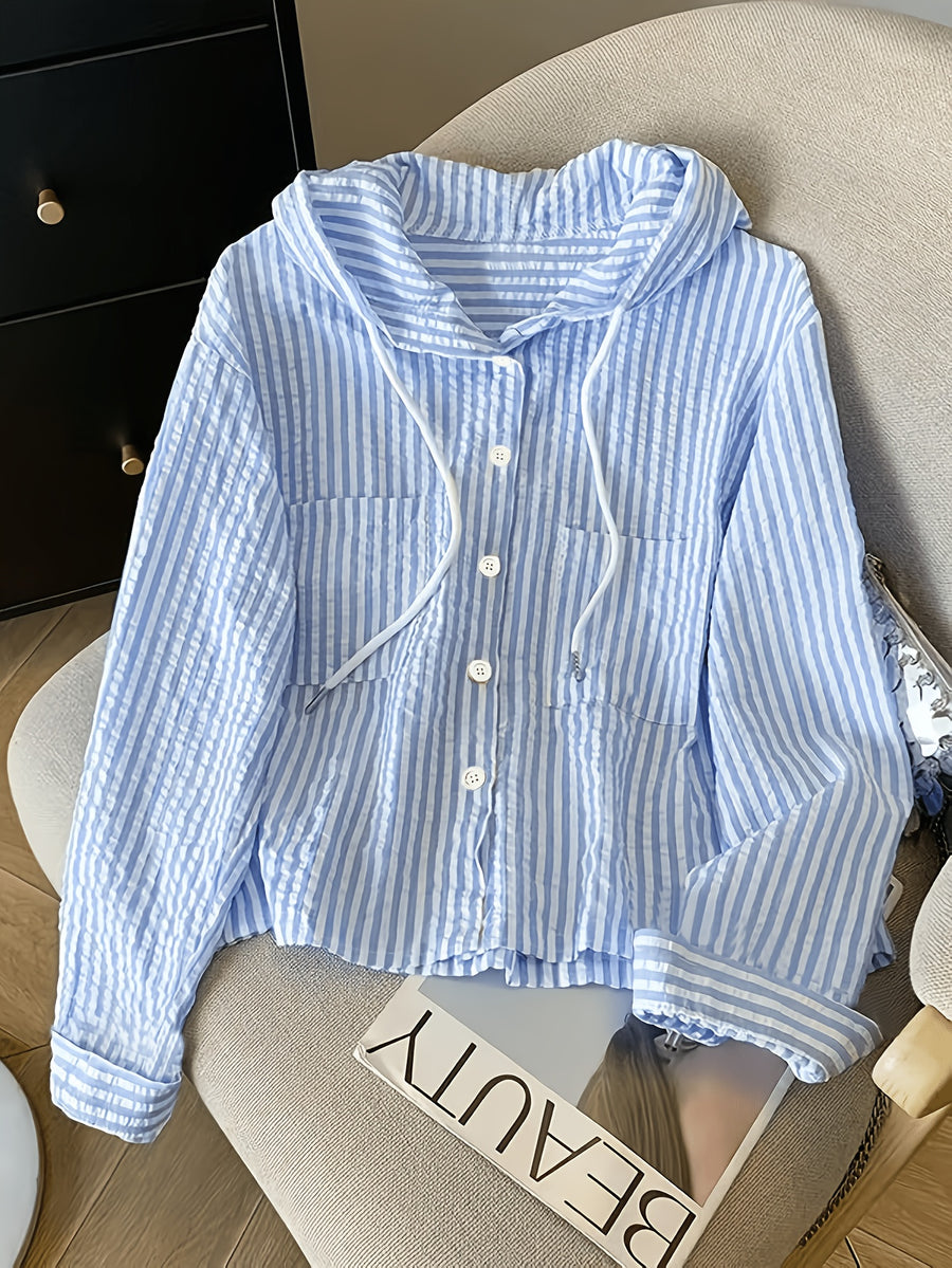 Blue Striped Loose-fit Hoodie, Long-sleeved Shirt - Blue Stripes