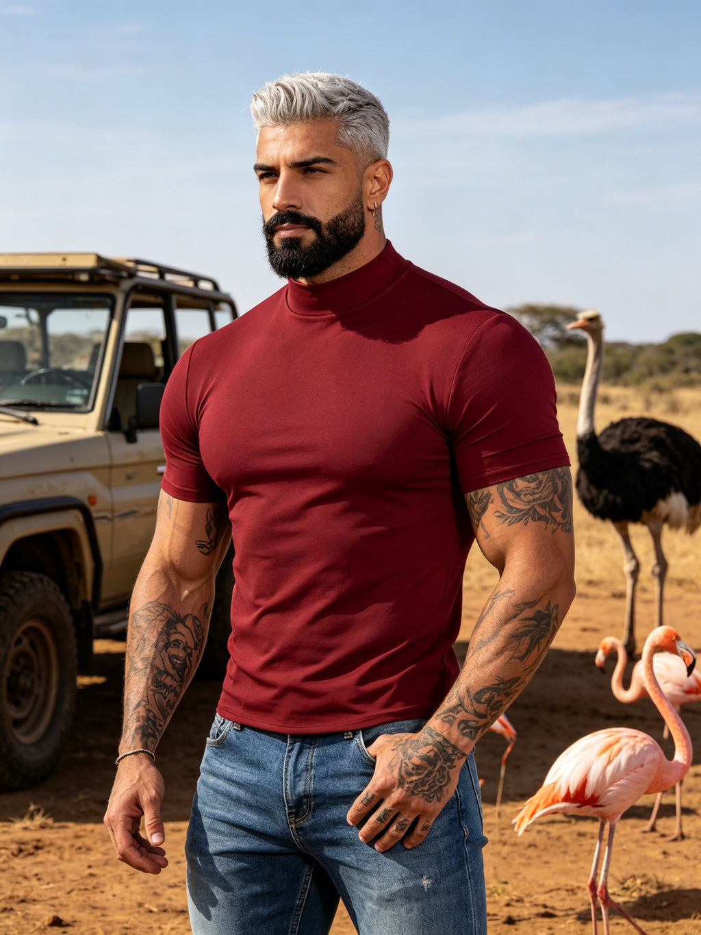 Summer Breathable Solid Color Half-Neck Short Sleeve 2pcs Set Men'S Shaping Slimming High-Elastic Fabric Light Luxury Fashion Fitness Sports Daily Wear Easy Premium Feel Versatile Base Top - Burgundy