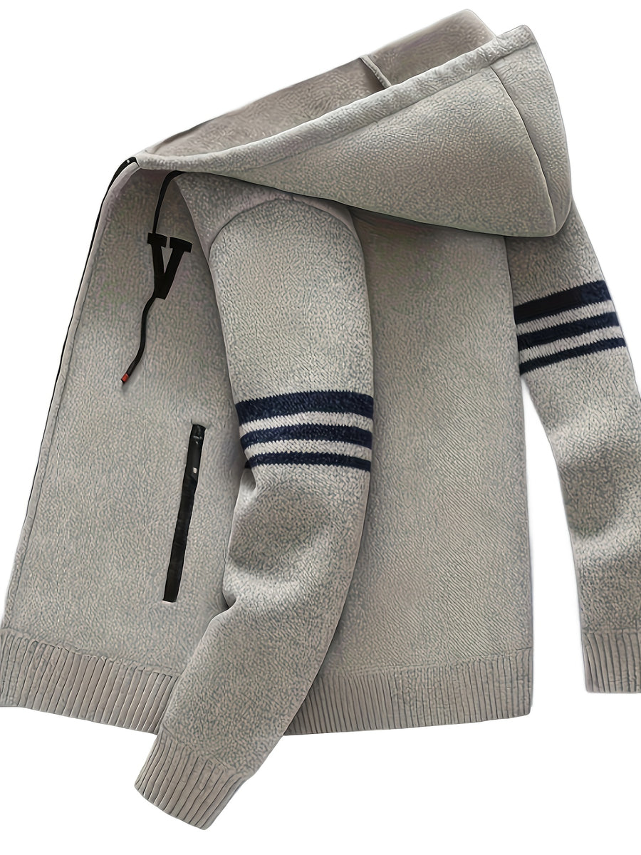 Men'S Striped Fleece Hooded Cardigan, Casual Slightly Stretch Breathable Zip Up Thermal Jacket for Fall Winter Outdoor, Knit - Apricot
