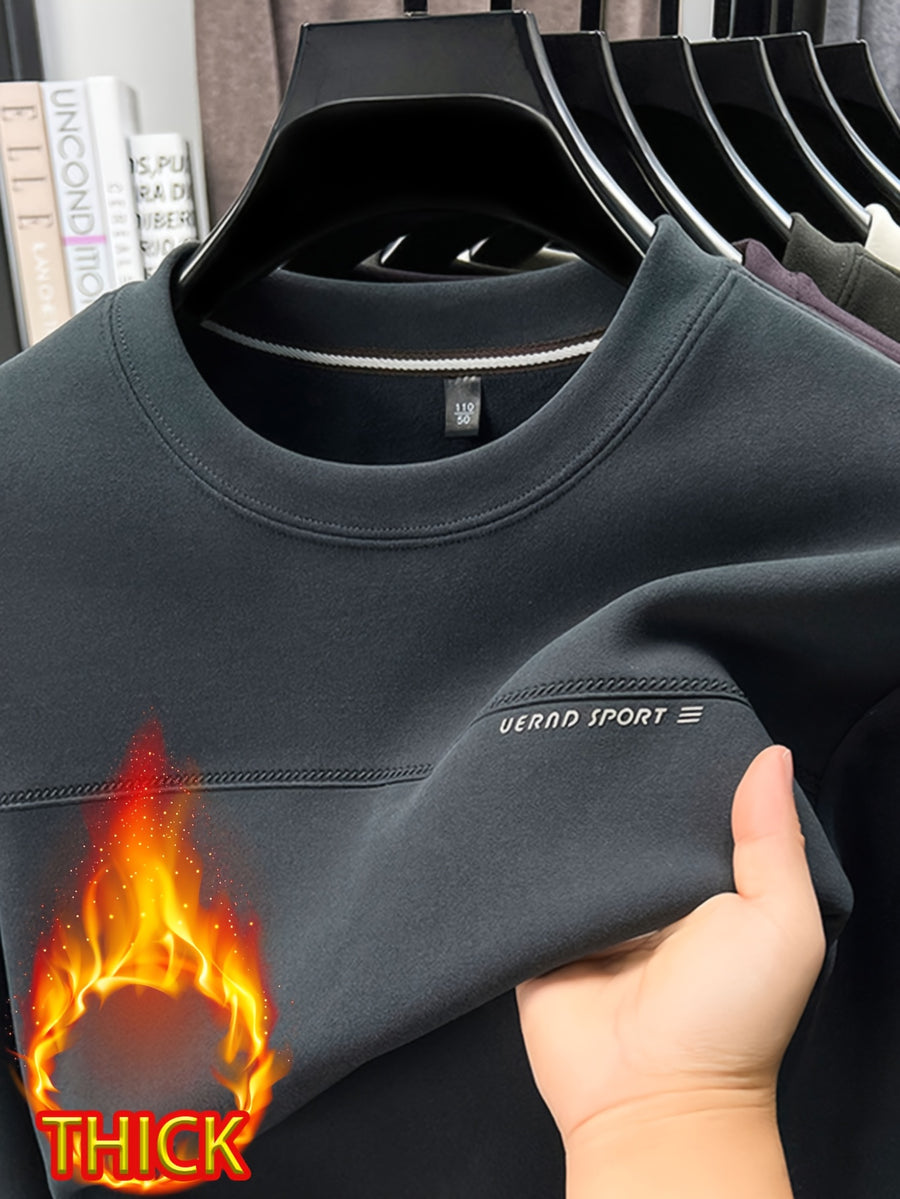 Men's Crew Neck Thickened Sweatshirt, Pullover Long Sleeve Sweatshirt, for Standalone Wear or Layering in Autumn/Winter, Ribbed Cuffs and Hem - SINBOS - Ash