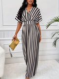 Print Batwing Sleeve Random Print Jumpsuit - Black Strips