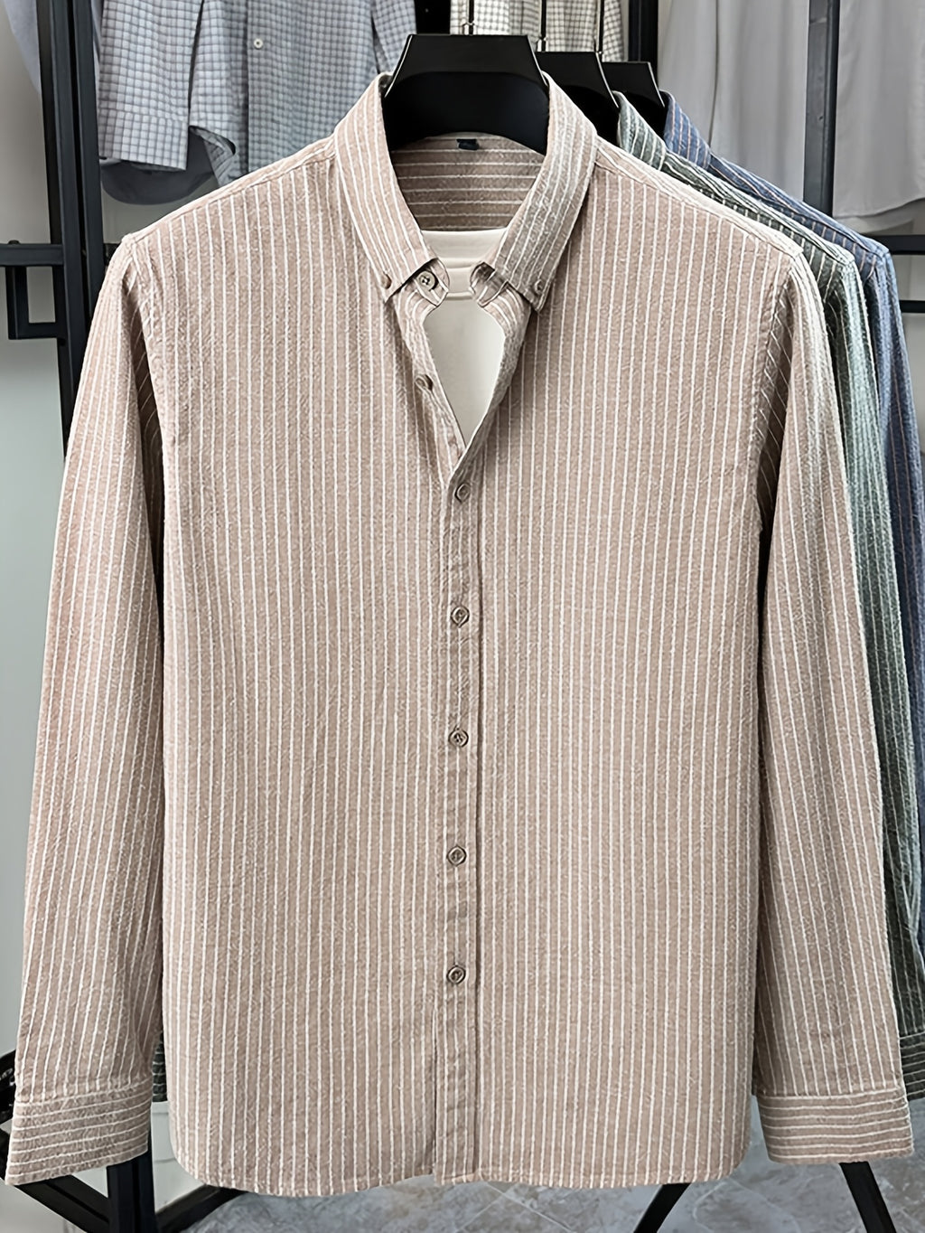 Men'S Pinstripe Long Sleeve Shirt, Button-Up Point Collar Design, Easy Retro Style, Suitable for Spring/Autumn, Can Be Worn As Base Layer in Early Winter - SINBOS - Coffee Sticks
