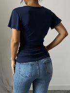 Women'S Spring Summer Casual V-Neck Solid Color Commuter T-Shirt - Navy Color