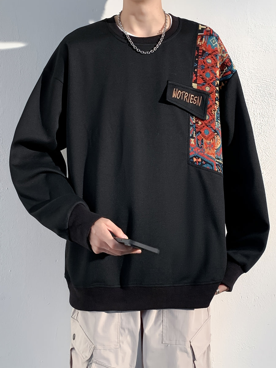 Men's Chinese Vintage Patchwork Crewneck Sweatshirt, Ethnic Style Embroidered Loose Drop-Shoulder Pullover, for Spring/Autumn Daily Streetwear Outings - Black