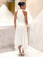 Women'S Dress, Summer New Halter Neck Suit Style Dress, Design Irregular Flared Pleated Skirt - White