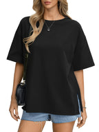 Oversized Women's Comfortable Basic Shirt with Round Neck, Casual Side Slit Top, Fashionable Loose Fit Short Sleeve T-Shirt - Black